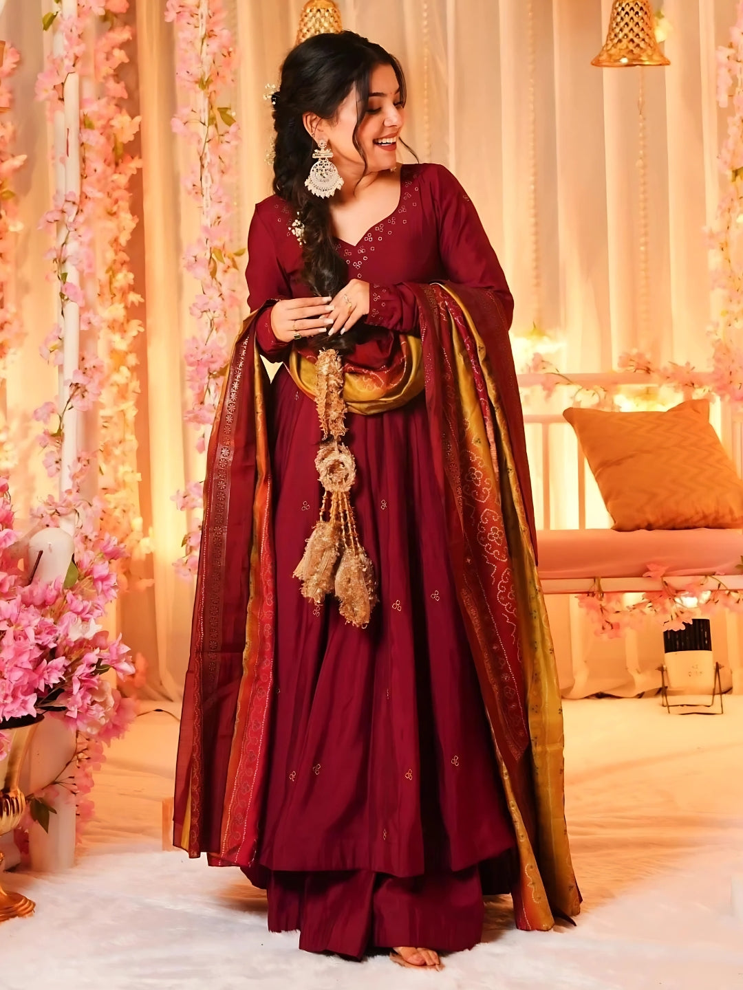 Maroon Silk Flared Anarkali Kurta Set