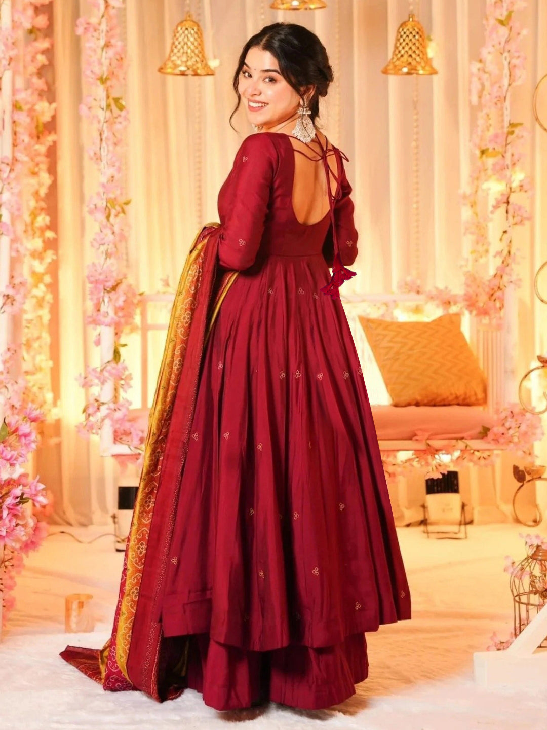 Maroon Silk Flared Anarkali Kurta Set
