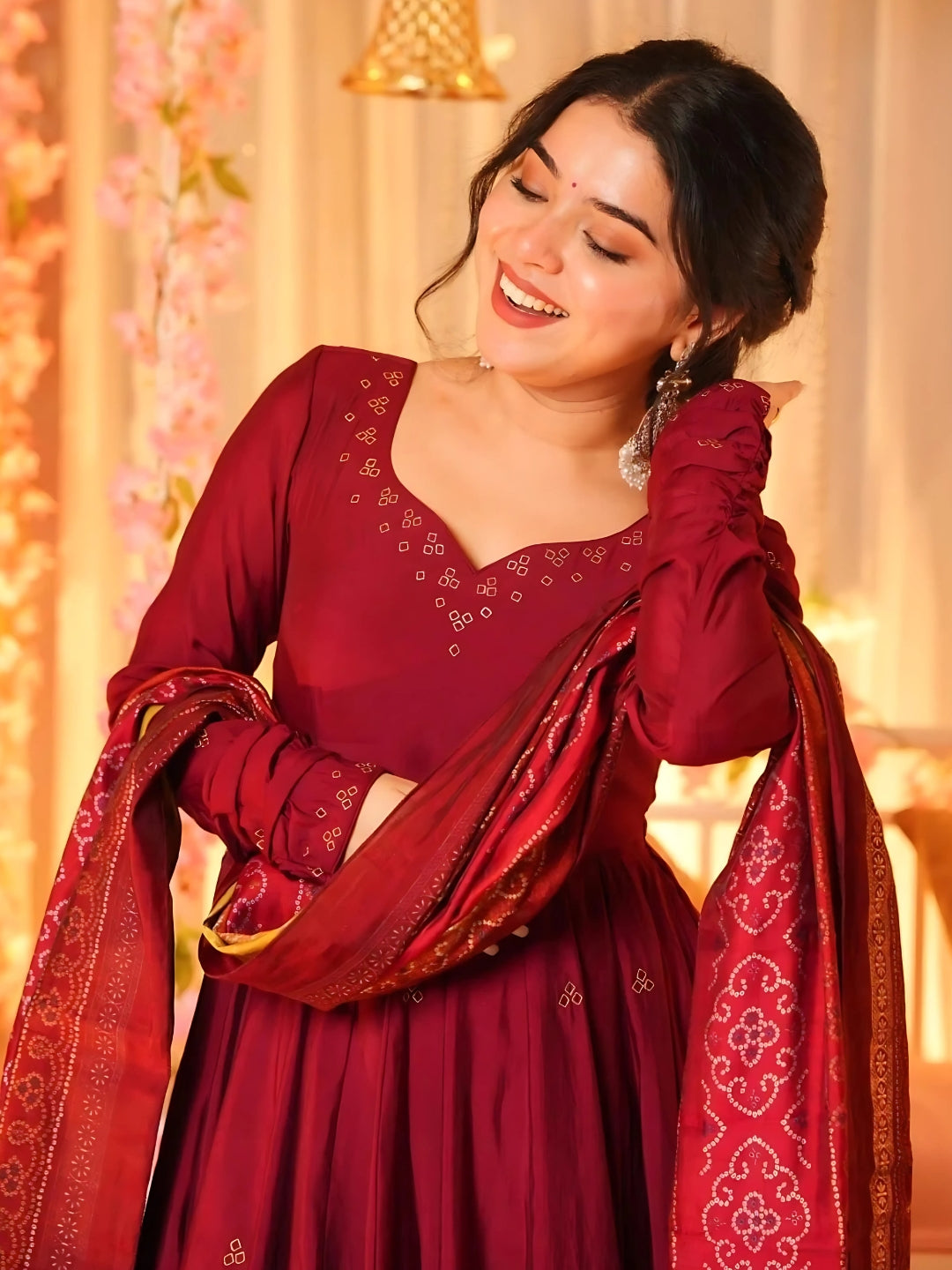 Maroon Silk Flared Anarkali Kurta Set