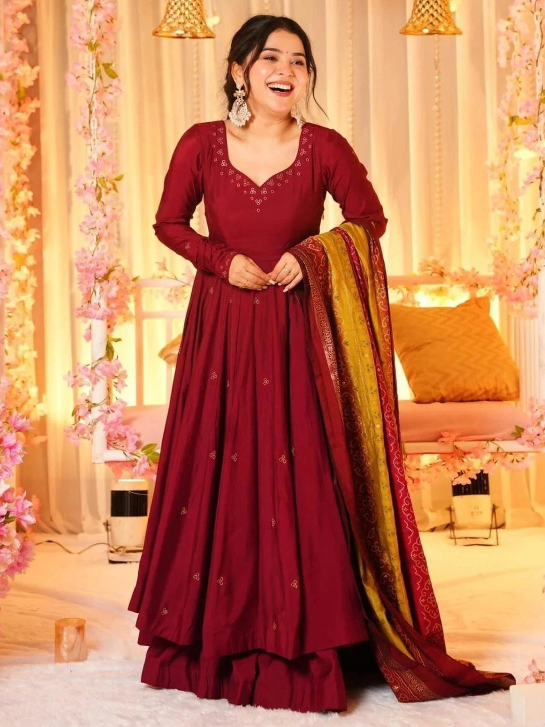 Maroon Silk Flared Anarkali Kurta Set