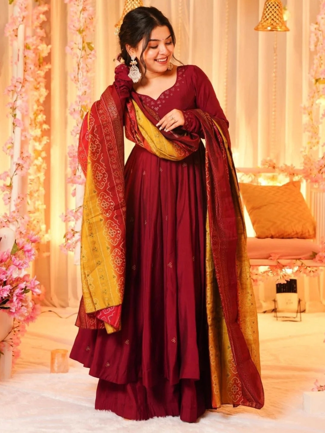 Maroon Silk Flared Anarkali Kurta Set