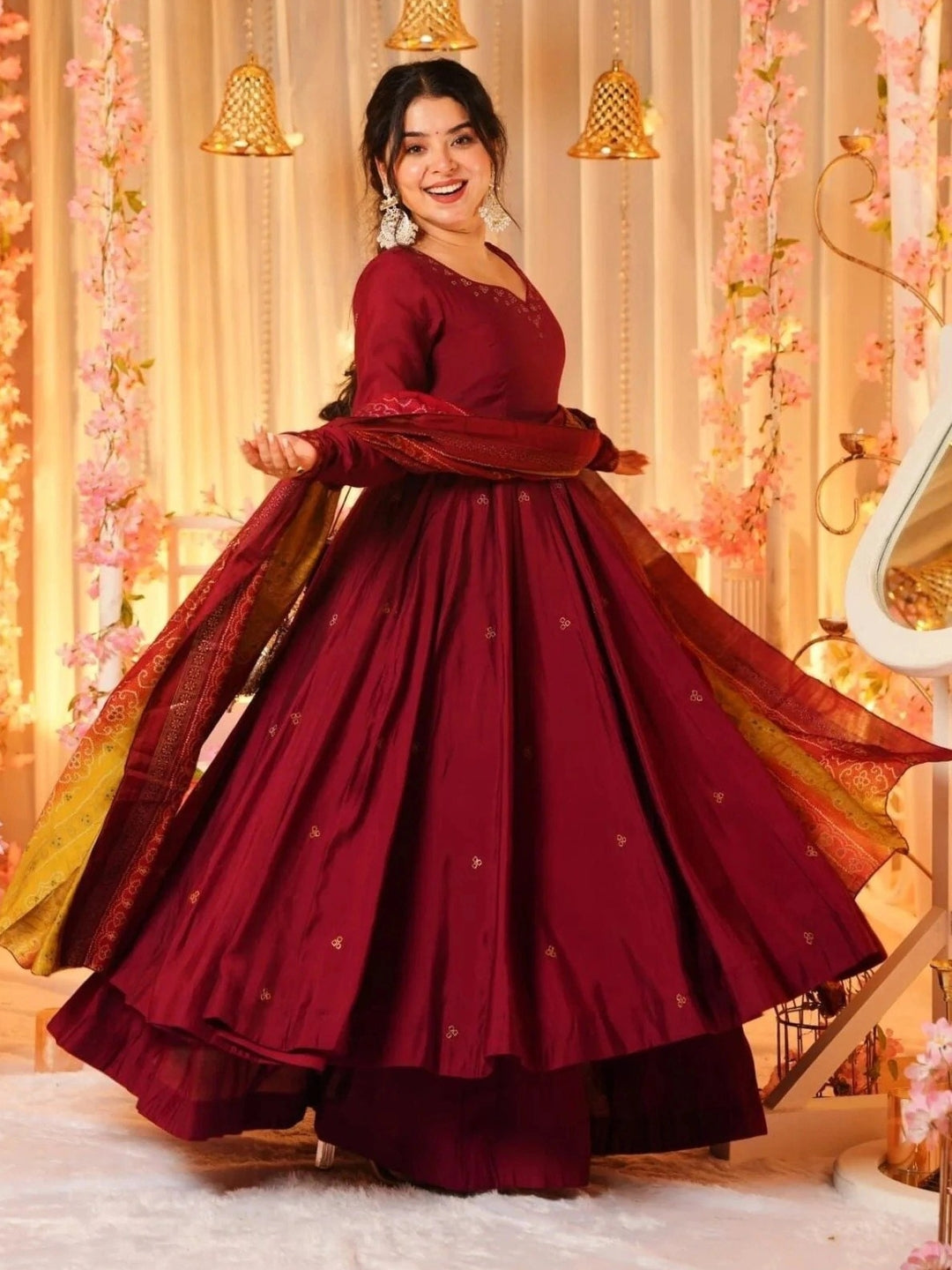 Maroon Silk Flared Anarkali Kurta Set