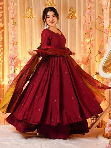 Maroon Silk Flared Anarkali Kurta Set