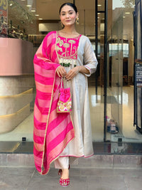 Cream Pink Silk Flared Anarkali Kurta Set
