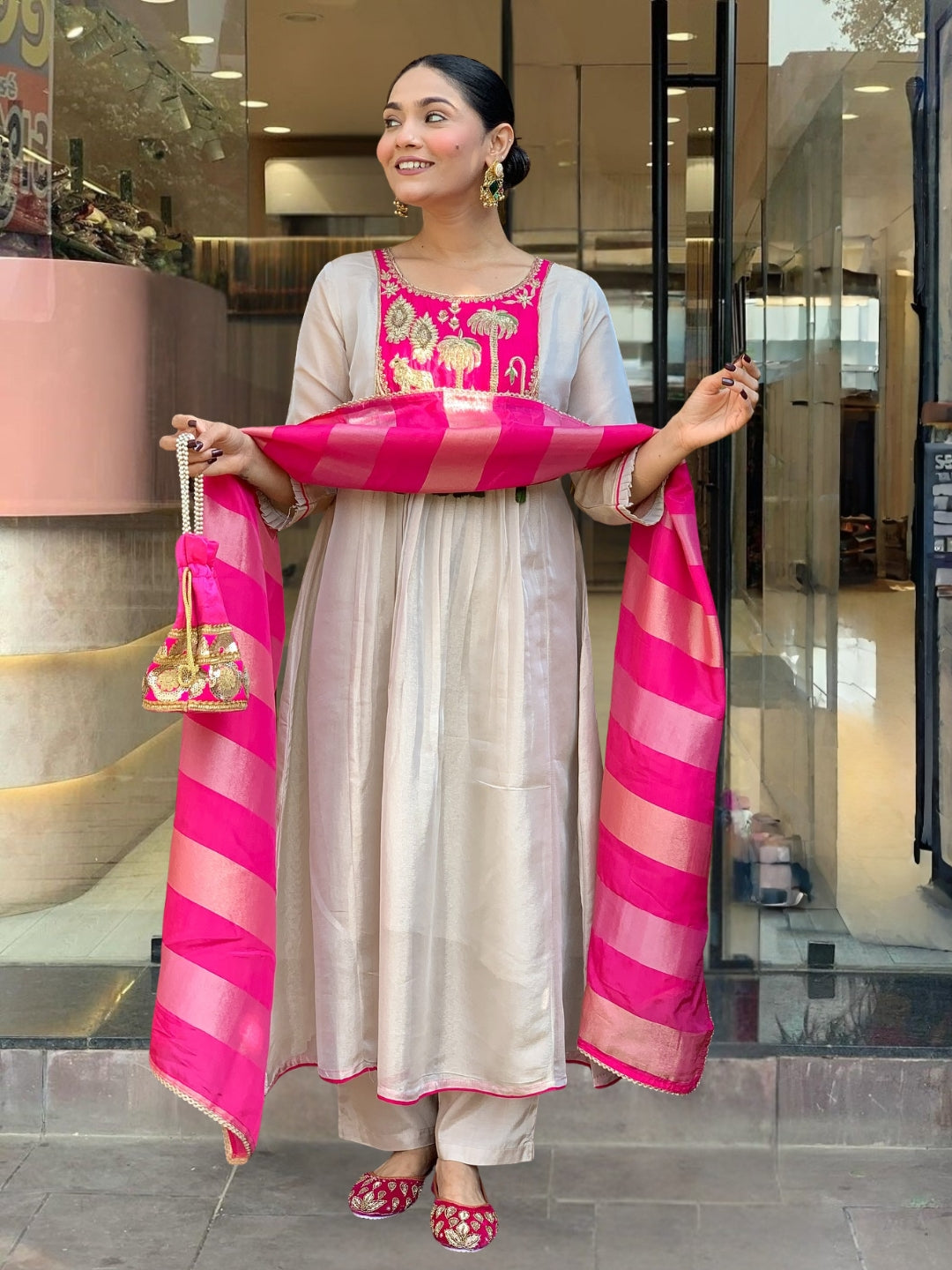 Cream Pink Silk Flared Anarkali Kurta Set