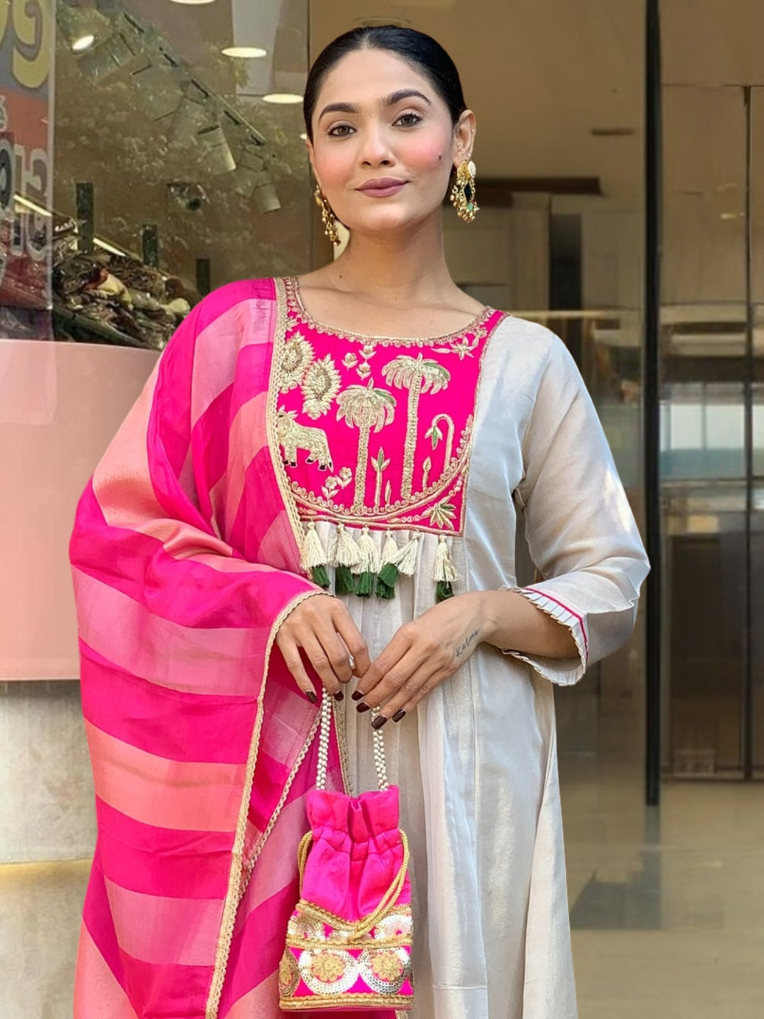 Cream Pink Silk Flared Anarkali Kurta Set