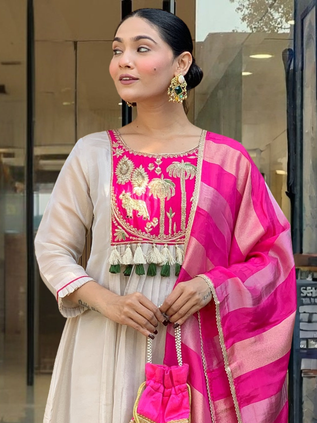 Cream Pink Silk Flared Anarkali Kurta Set
