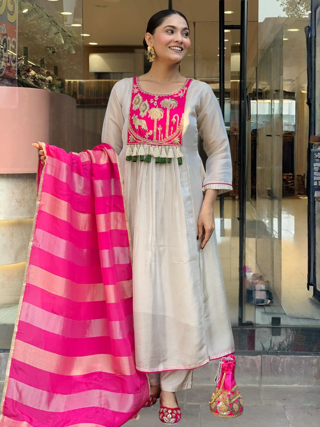 Cream Pink Silk Flared Anarkali Kurta Set