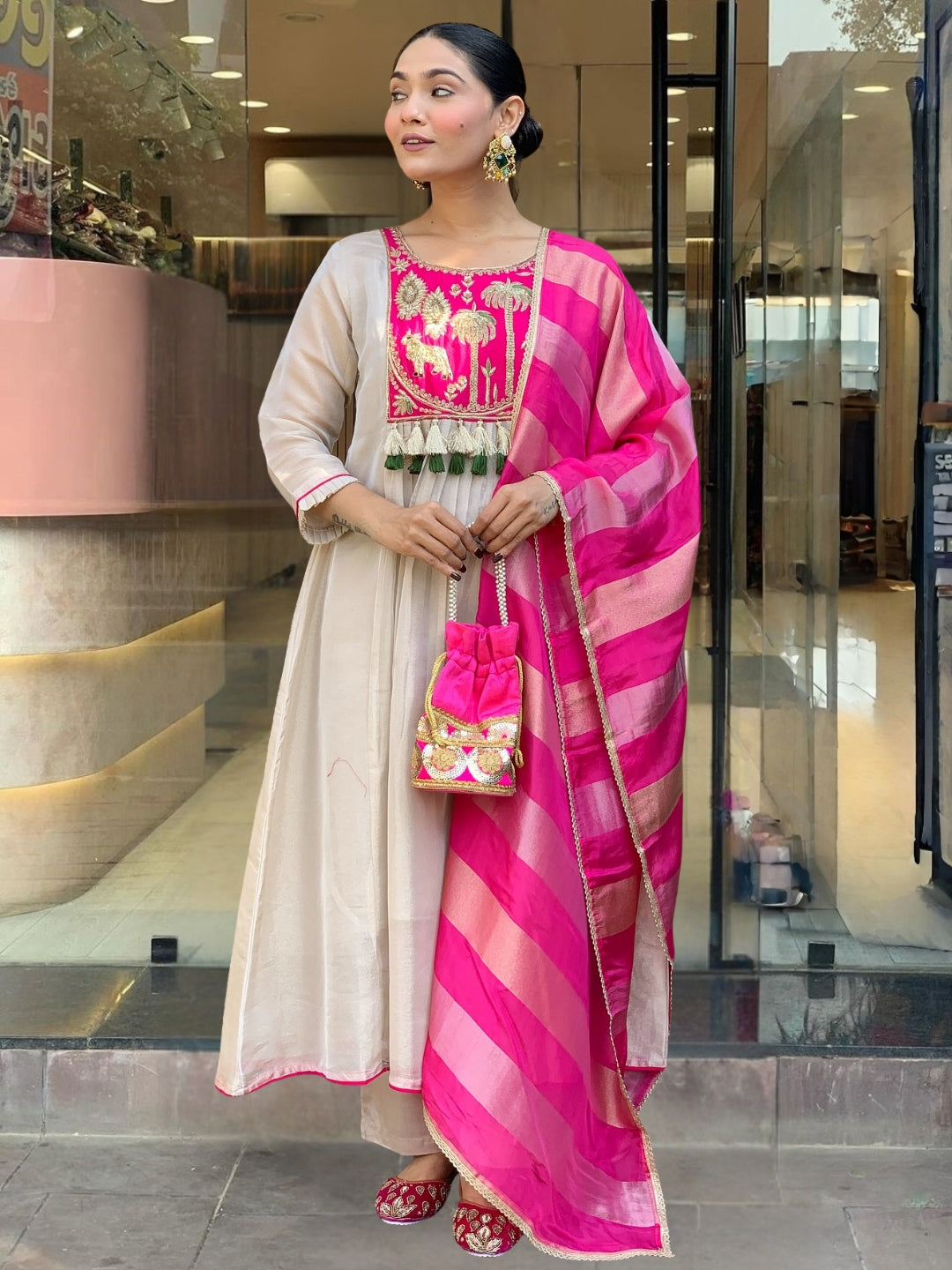 Cream Pink Silk Flared Anarkali Kurta Set