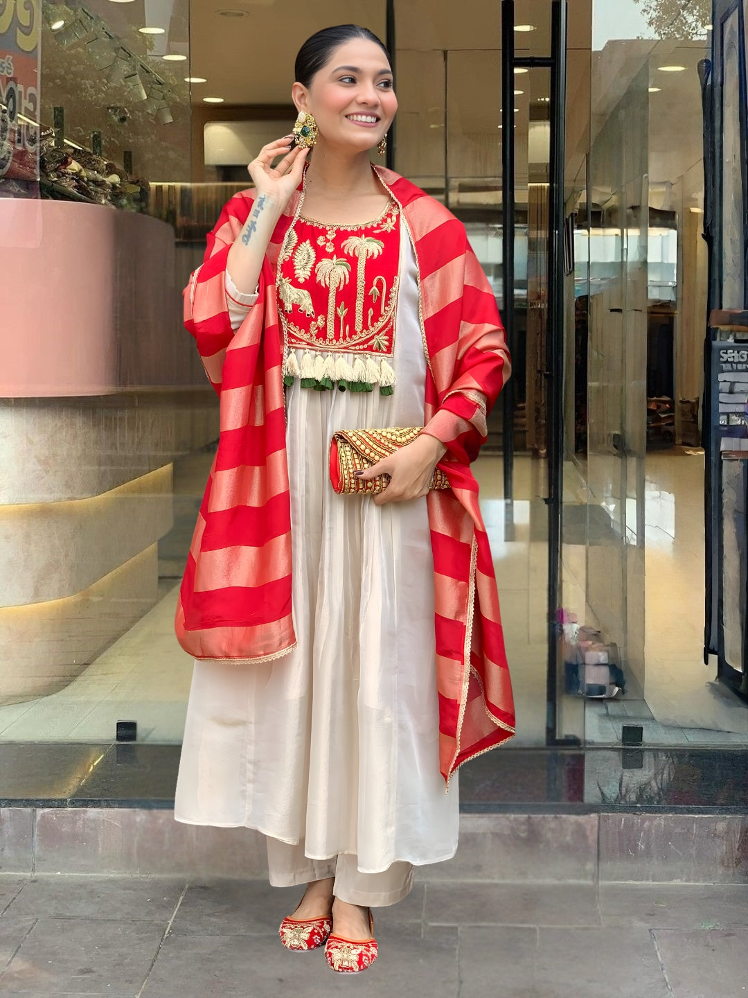 Cream Red Silk Flared Anarkali Kurta Set