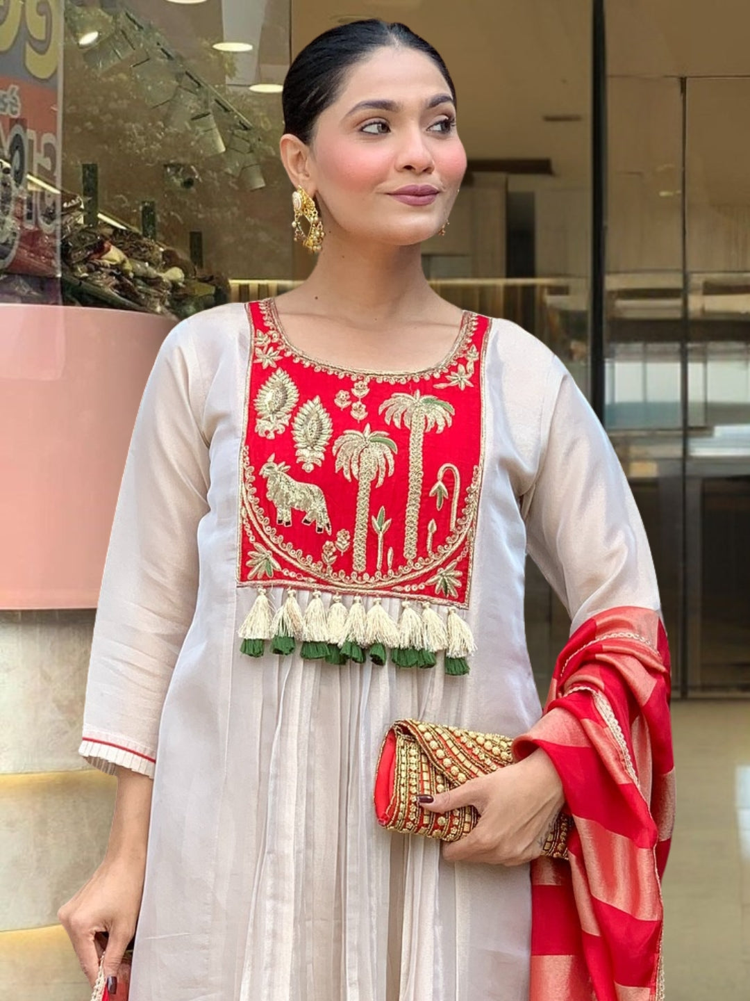 Cream Red Silk Flared Anarkali Kurta Set