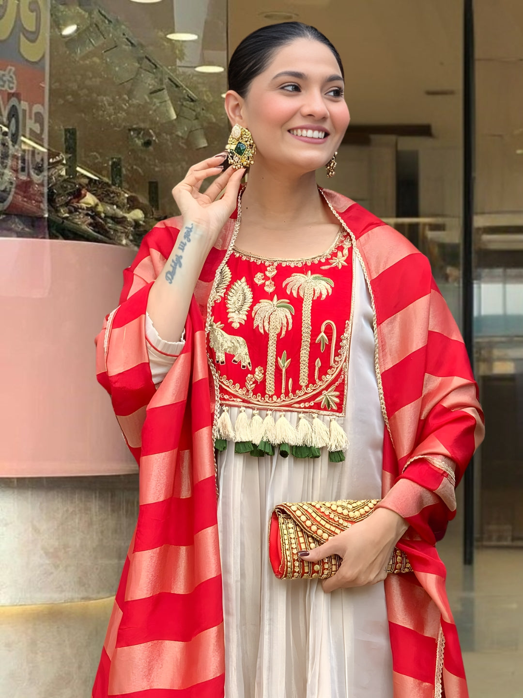 Cream Red Silk Flared Anarkali Kurta Set