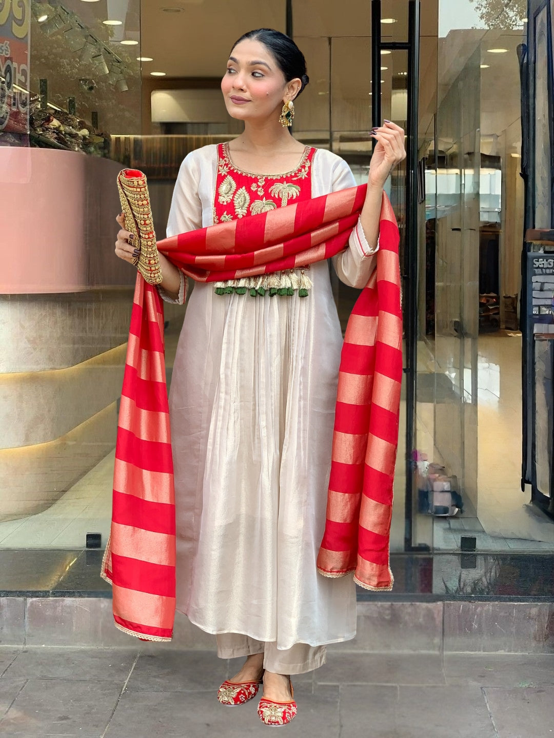 Cream Red Silk Flared Anarkali Kurta Set