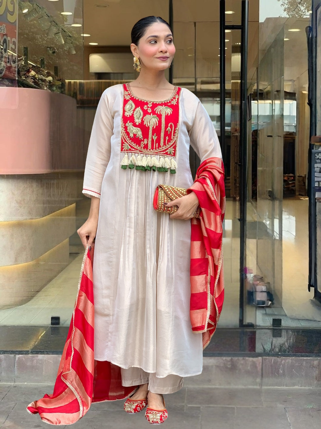 Cream Red Silk Flared Anarkali Kurta Set