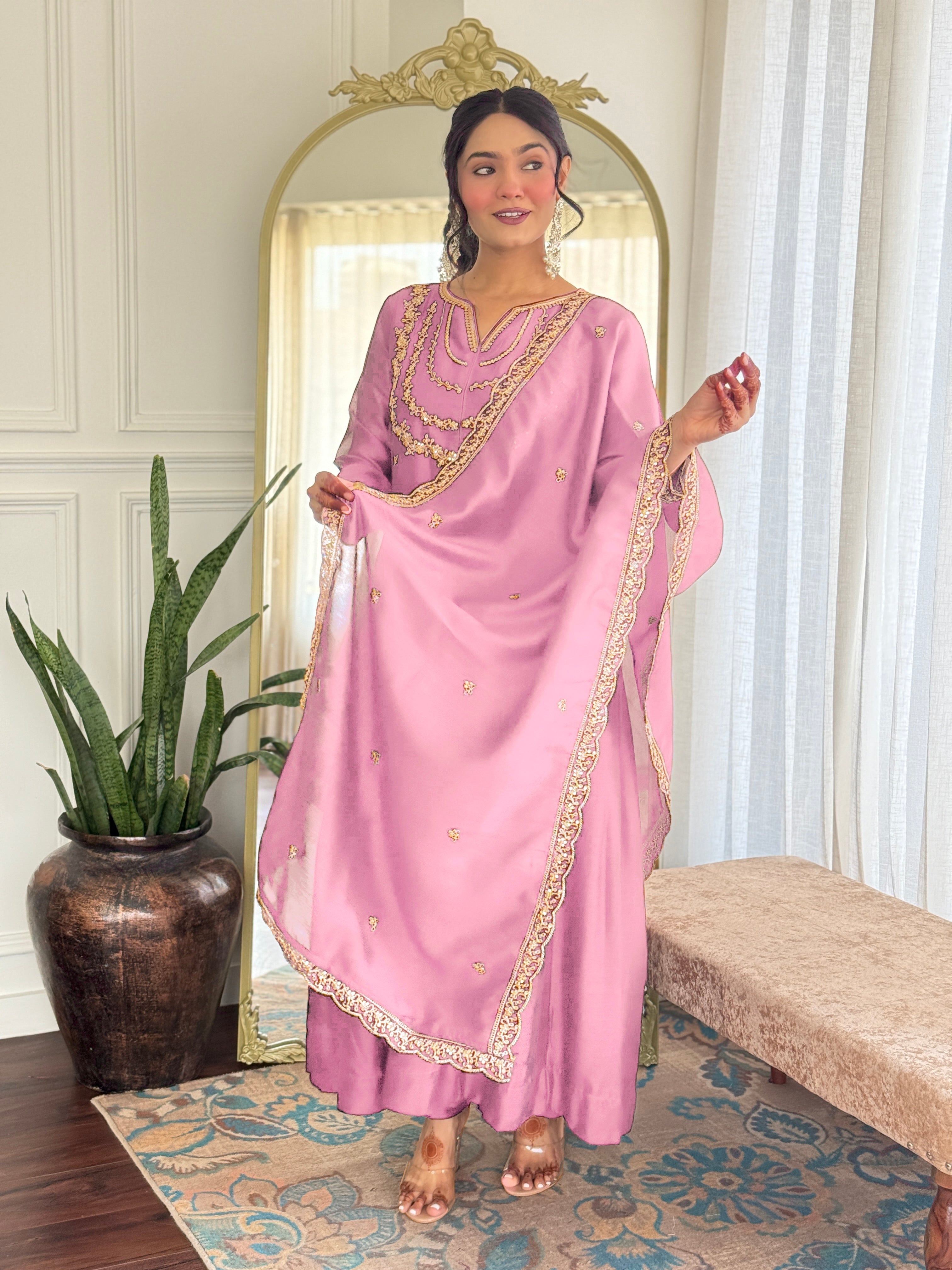 Pink Embroidered Vichitra Silk Anarkali Suit Set