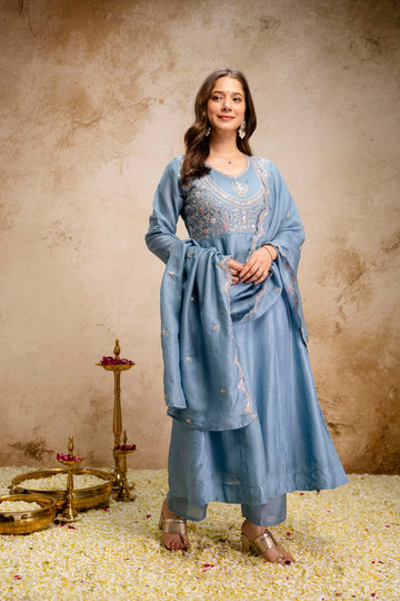 Sky Blue Embroidered Vichitra Silk Anarkali Suit Set