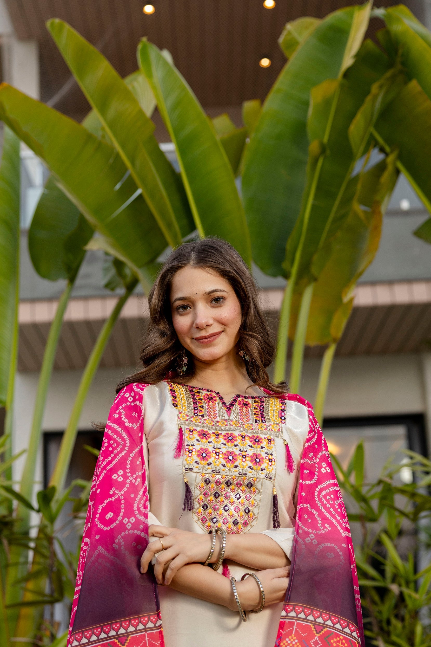 Cream Viscose Simmer Embroidered Kurti Set