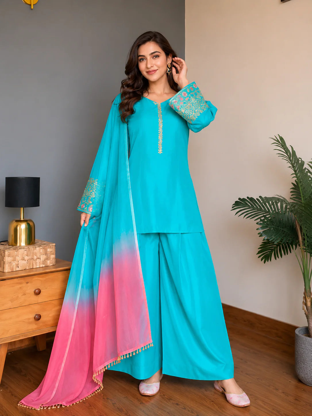 Sky Blue Jacquard Work Embroidered Kurta Pant Set