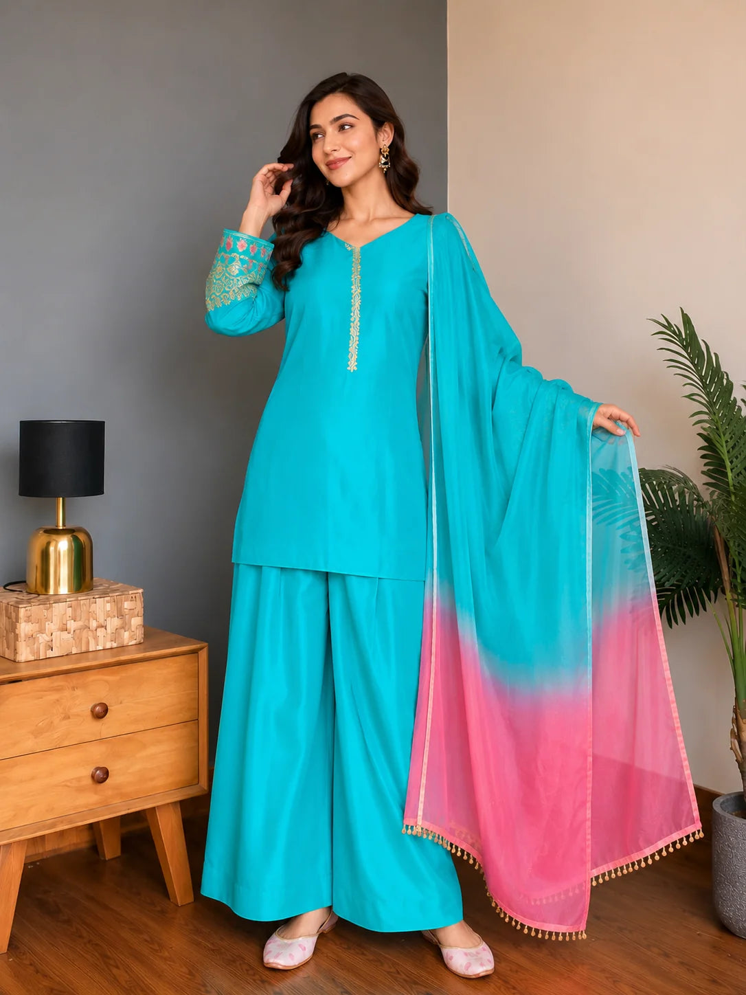 Sky Blue Jacquard Work Embroidered Kurta Pant Set