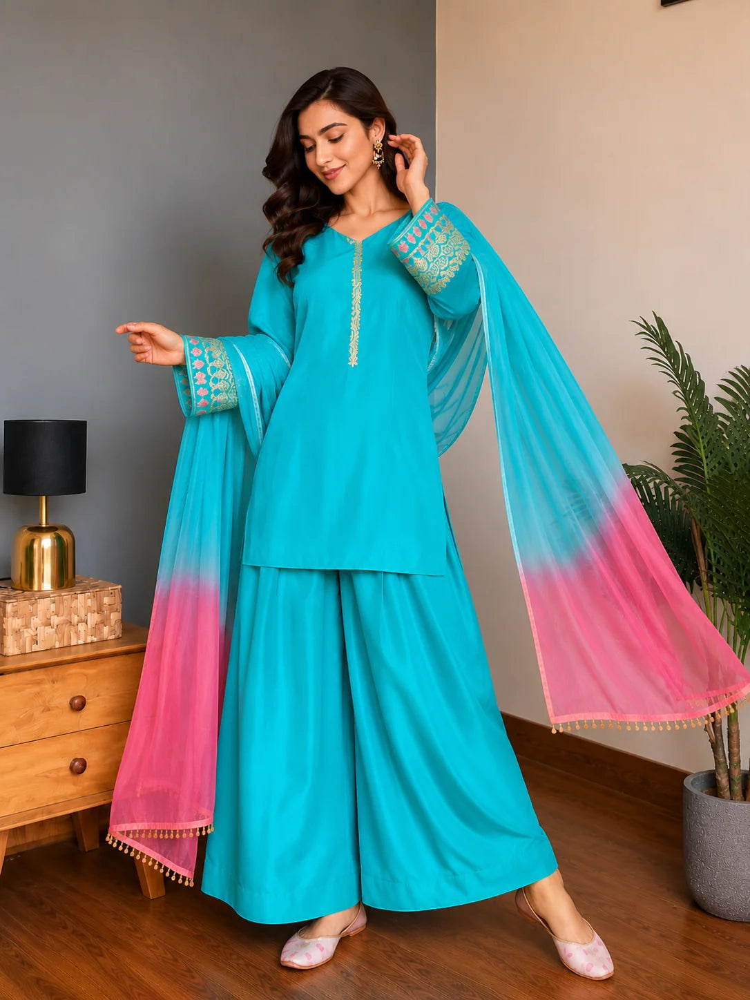 Sky Blue Jacquard Work Embroidered Kurta Pant Set