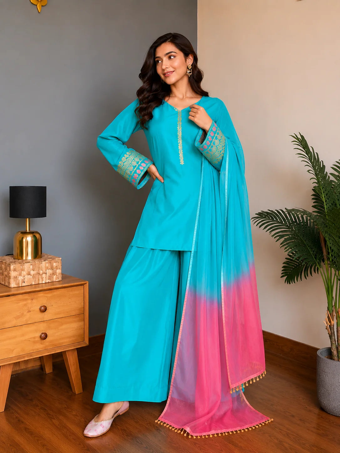 Sky Blue Jacquard Work Embroidered Kurta Pant Set