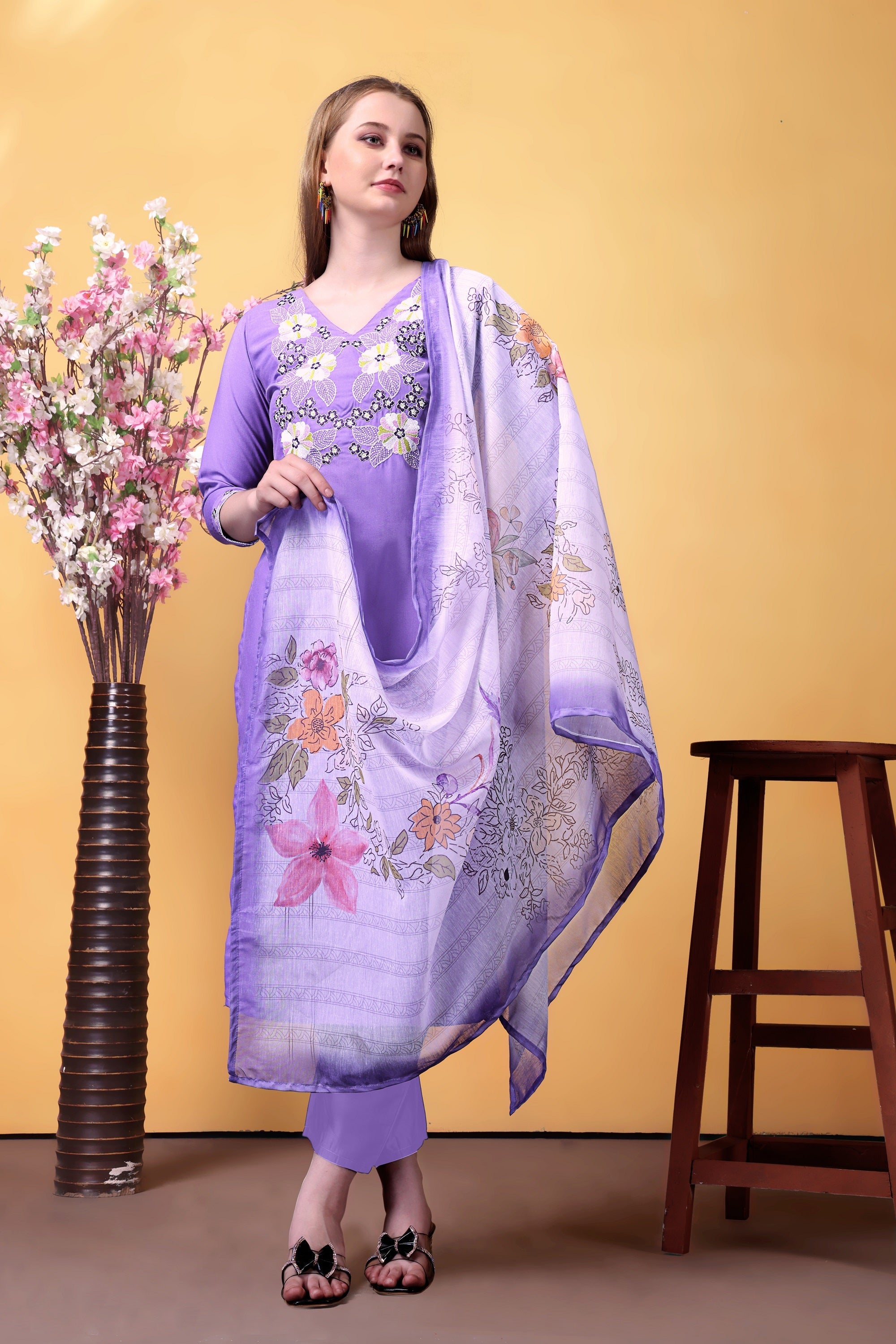 Purple Embroidered Rayon Suit Set