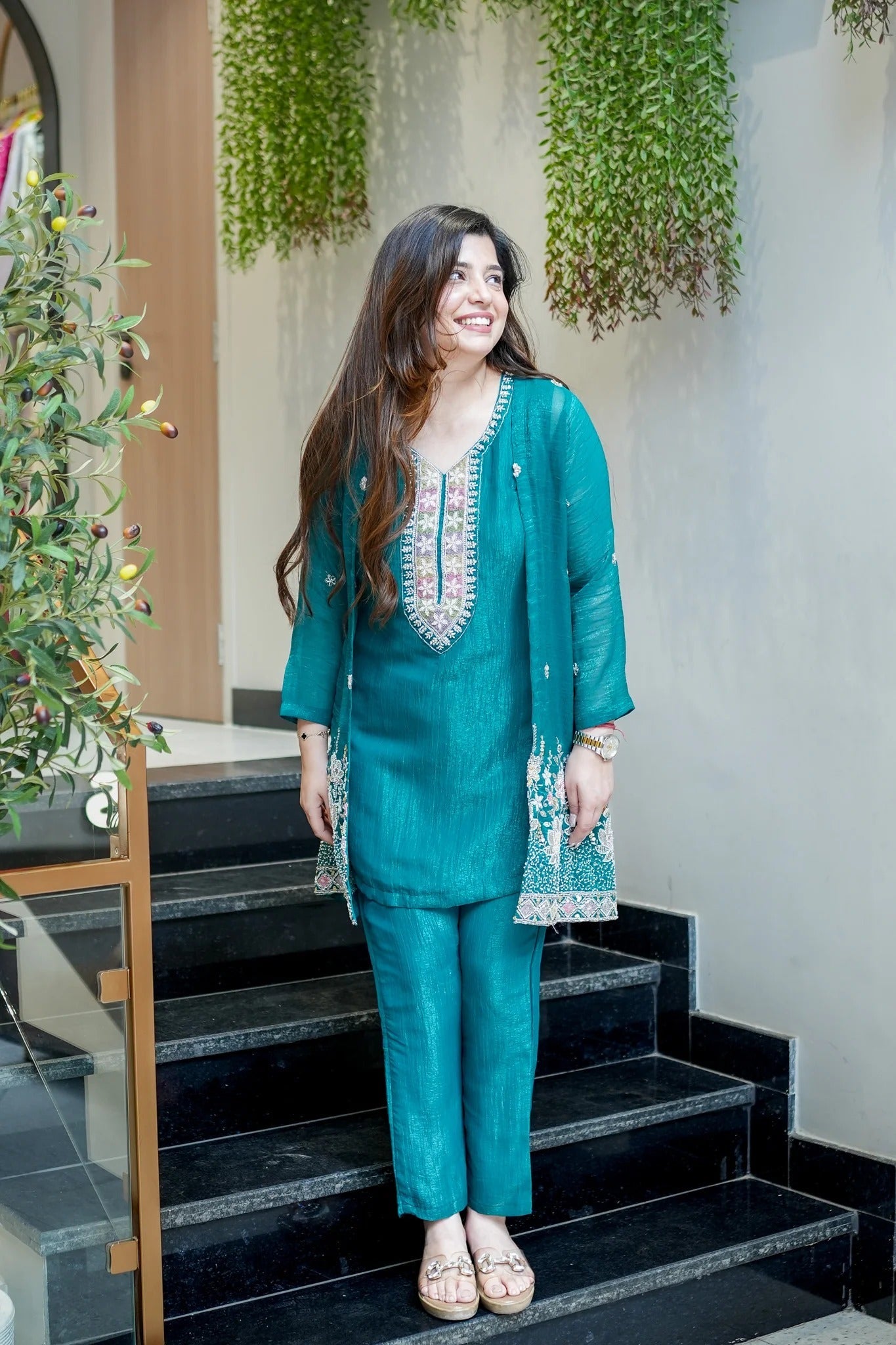 Rama Beads Work Chinnon Silk Palazzo Set
