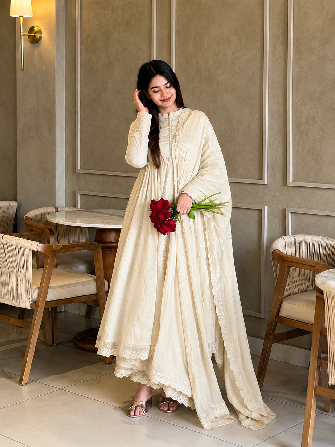 Elegant White Embroidered Anarkali Suit Set
