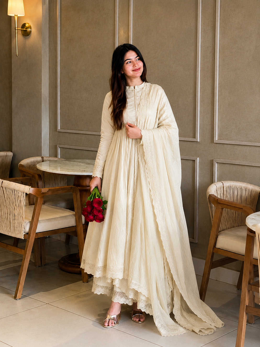 Elegant White Embroidered Anarkali Suit Set