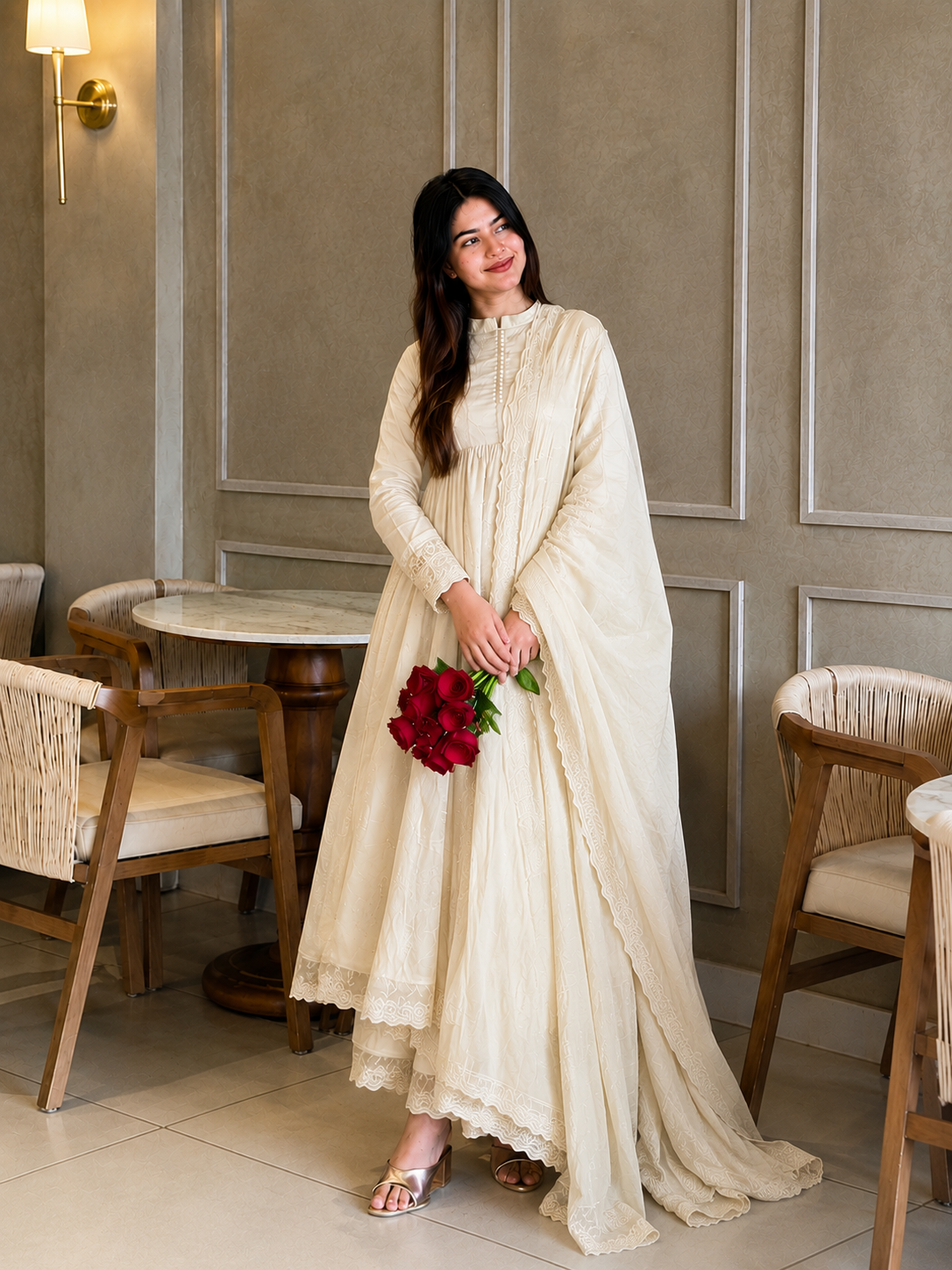 Elegant White Embroidered Anarkali Suit Set