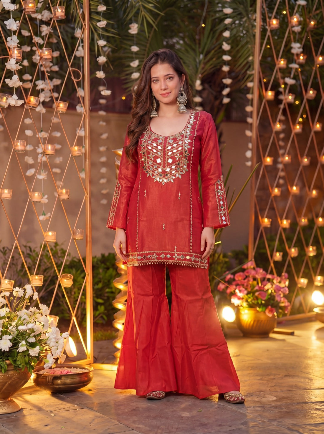 Royale Rust Orange Roman Silk Kurta Sharara Pant