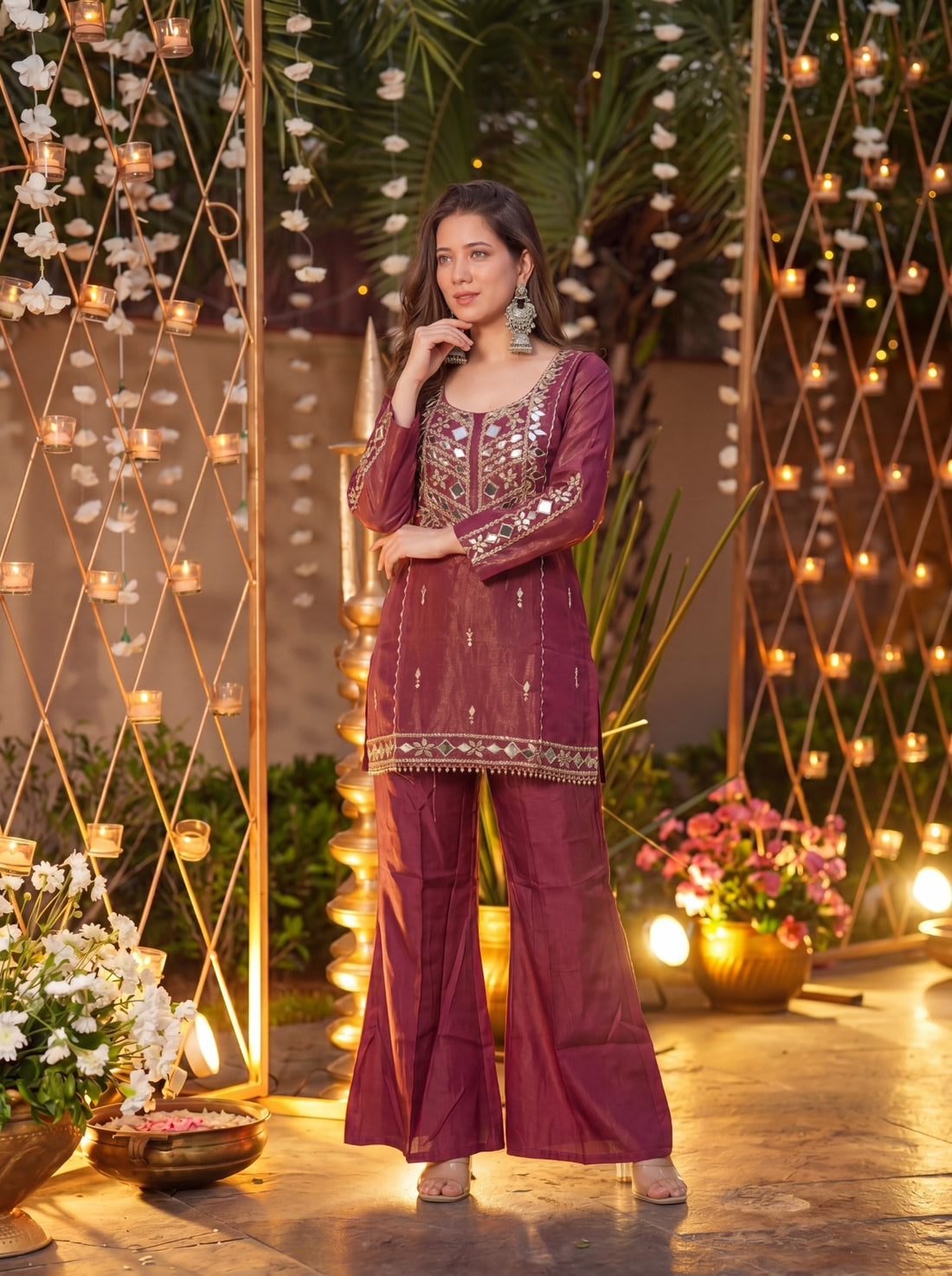 Royale Wine Roman Silk Sharara Kurta Pant