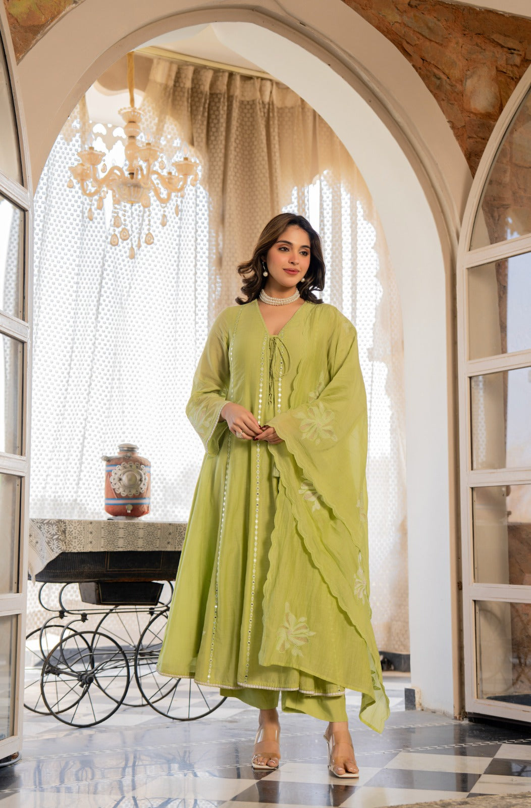 Pista Bloom Embroidered Anarkali Kurta Set