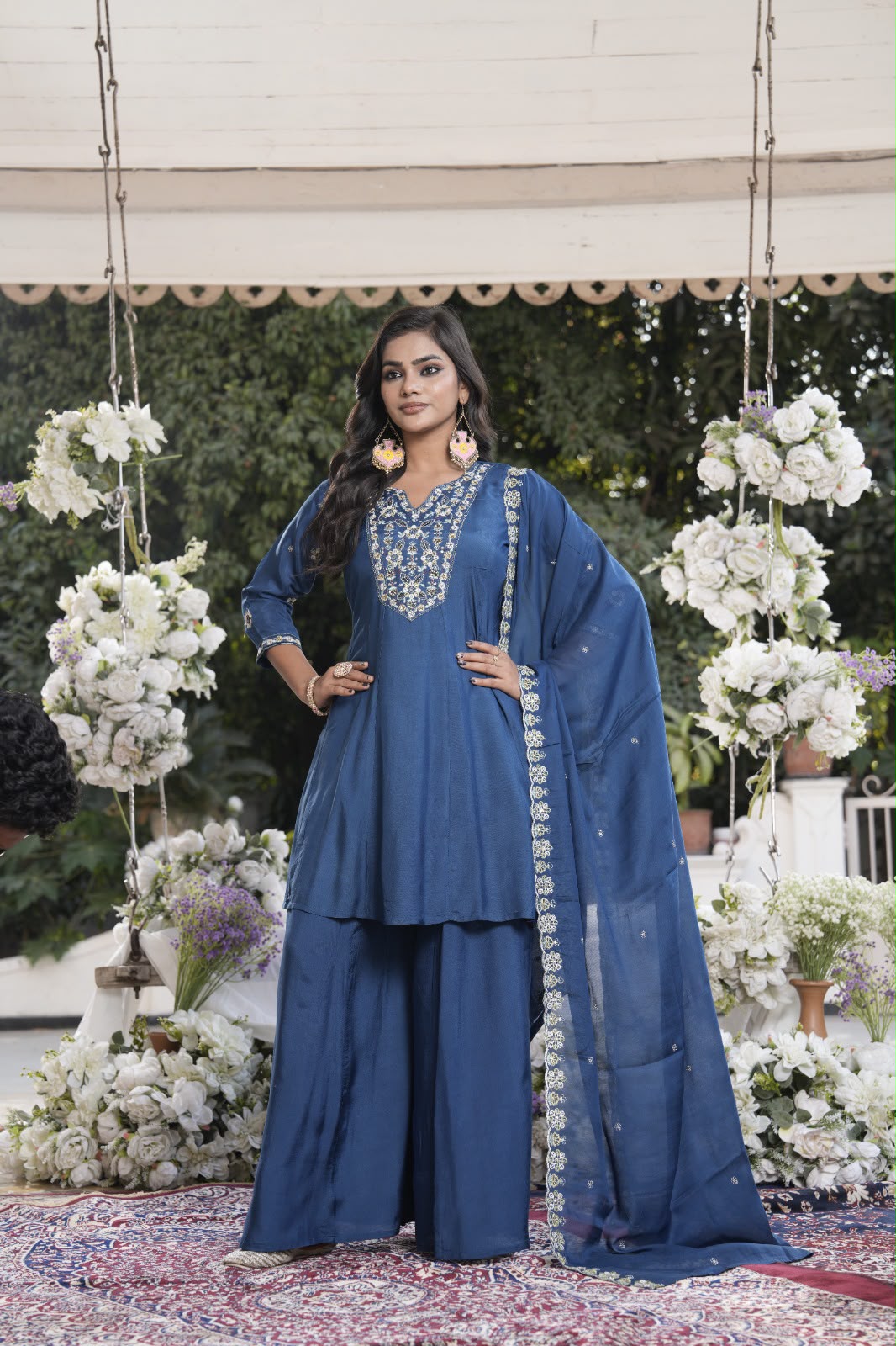Navy Blue Embroidered Kurta Palazzo Set