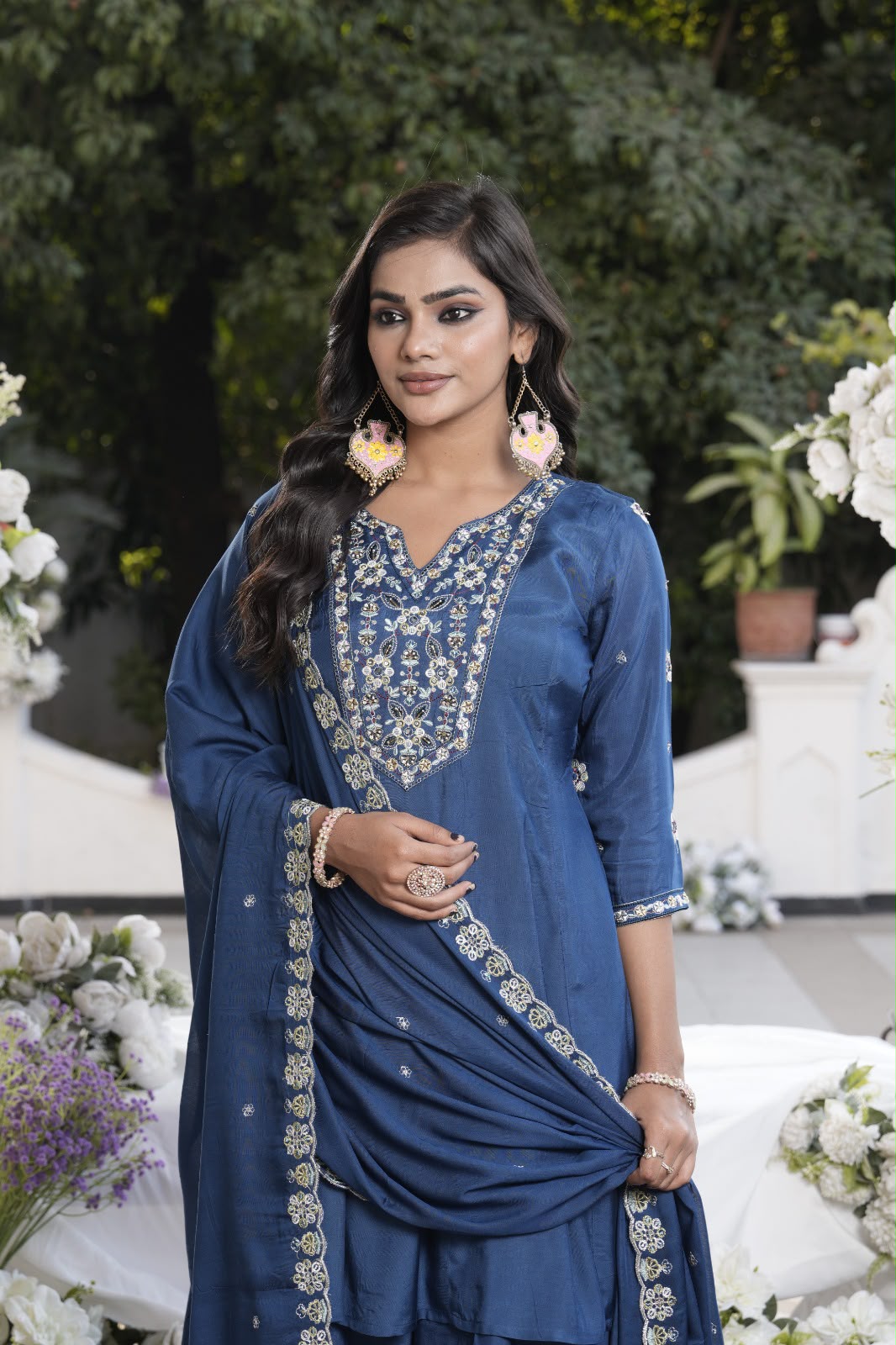 Navy Blue Embroidered Kurta Palazzo Set