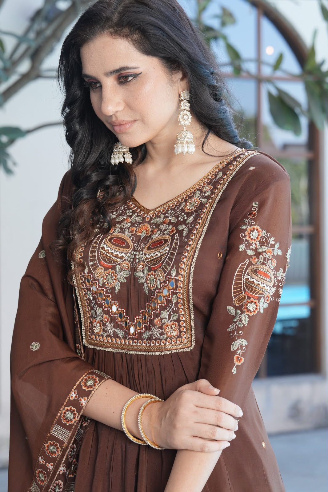 Chocolate Brown Embroidered Anarkali Sharara Set