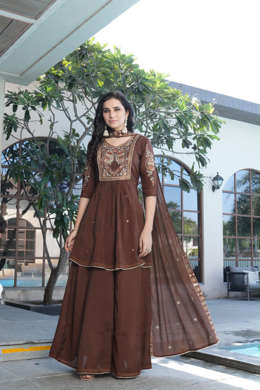 Chocolate Brown Embroidered Anarkali Sharara Set