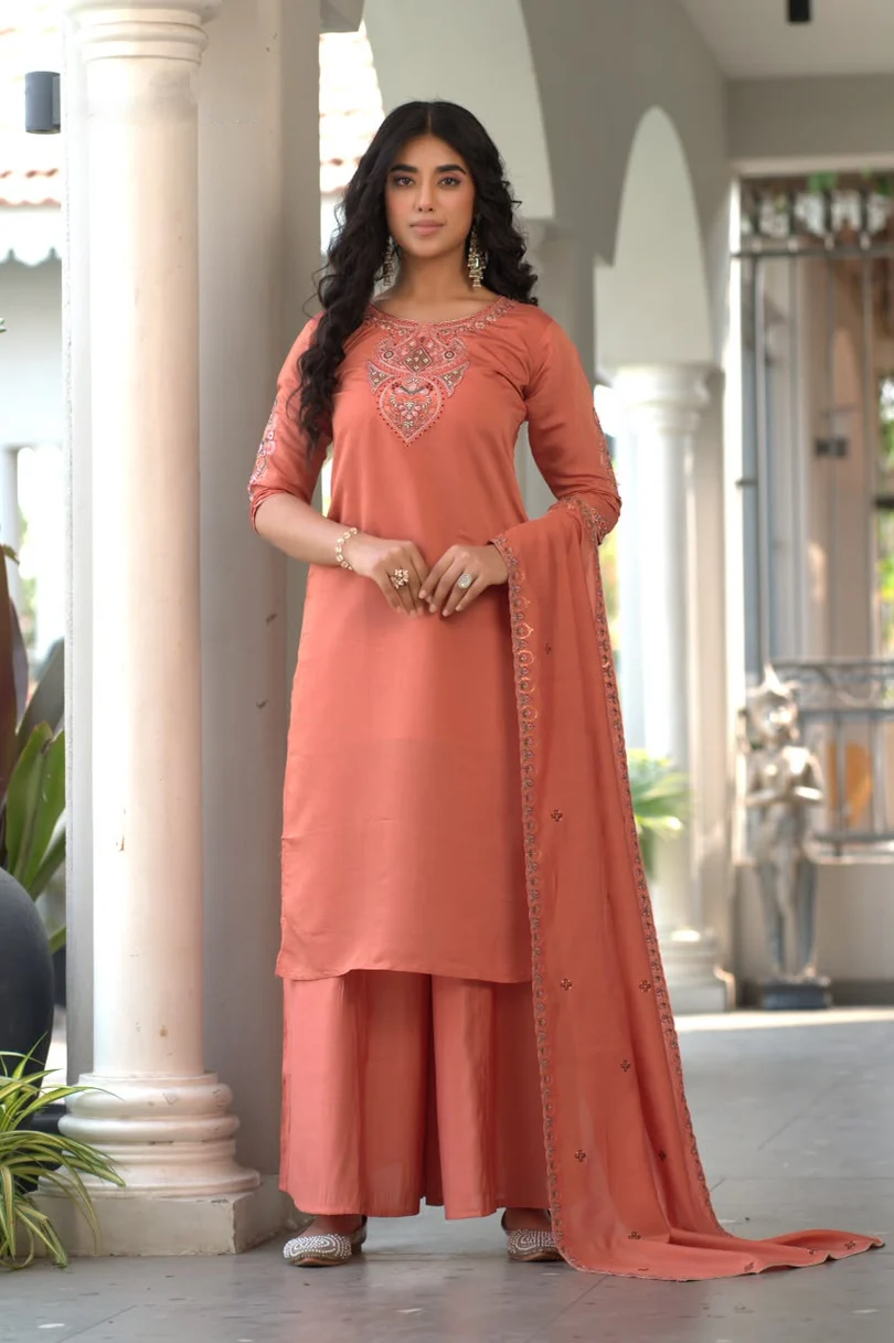 Rust Embroidered Viscose Kurta Palazzo Set