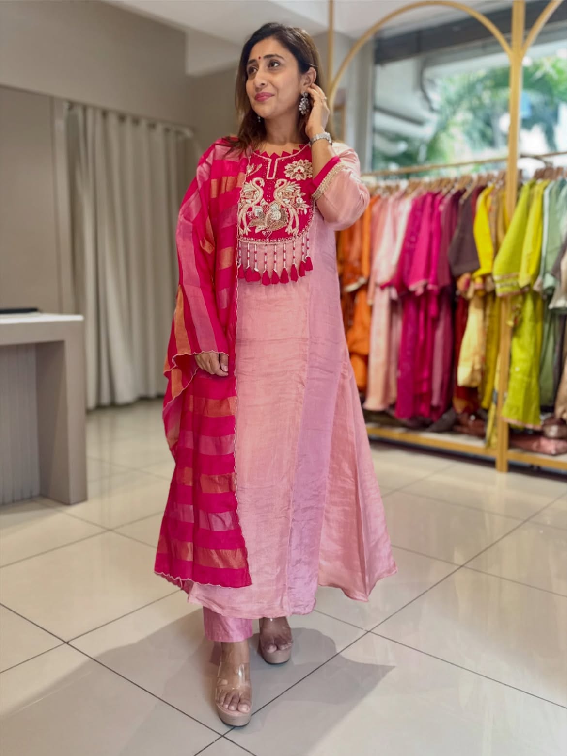 Rose Pink Mul Chanderi Handwork Suit Set