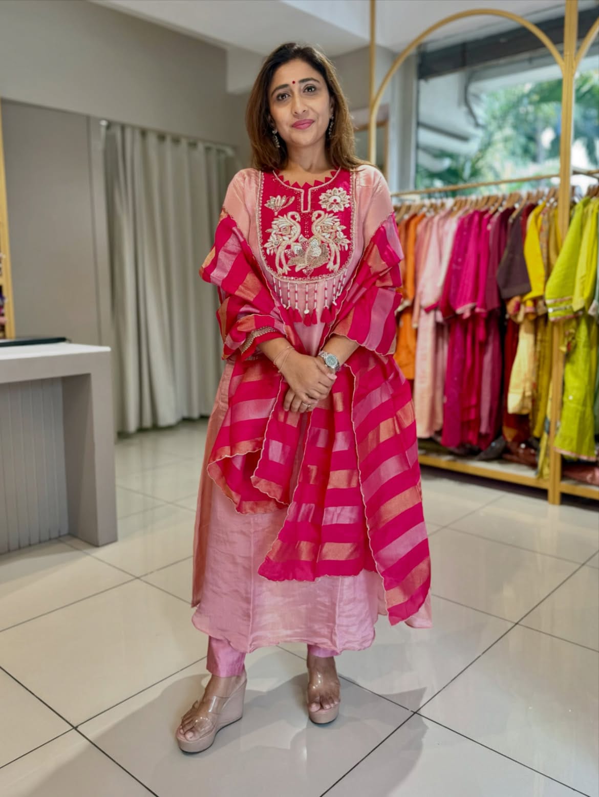 Rose Pink Mul Chanderi Handwork Suit Set