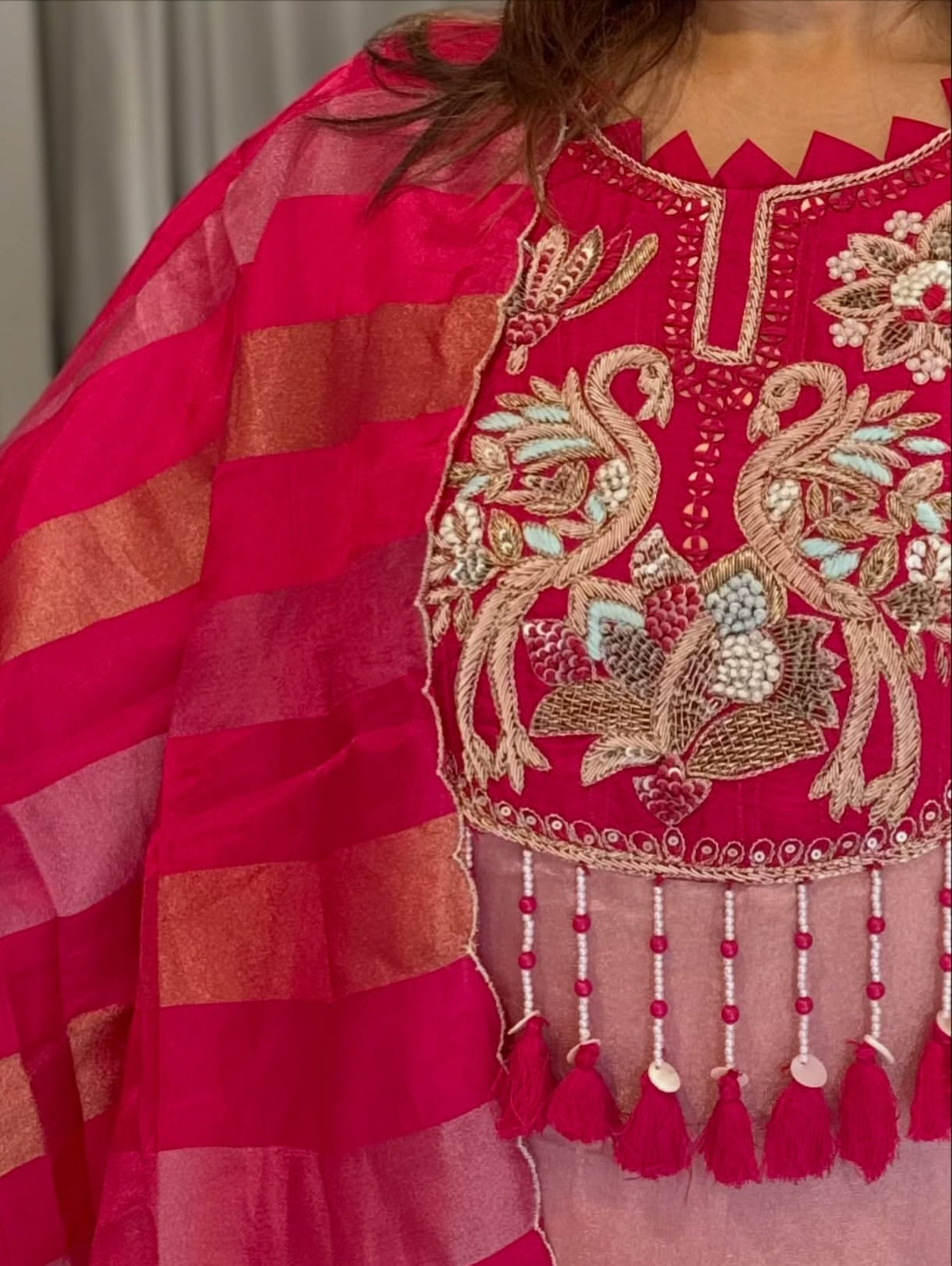 Rose Pink Mul Chanderi Handwork Suit Set