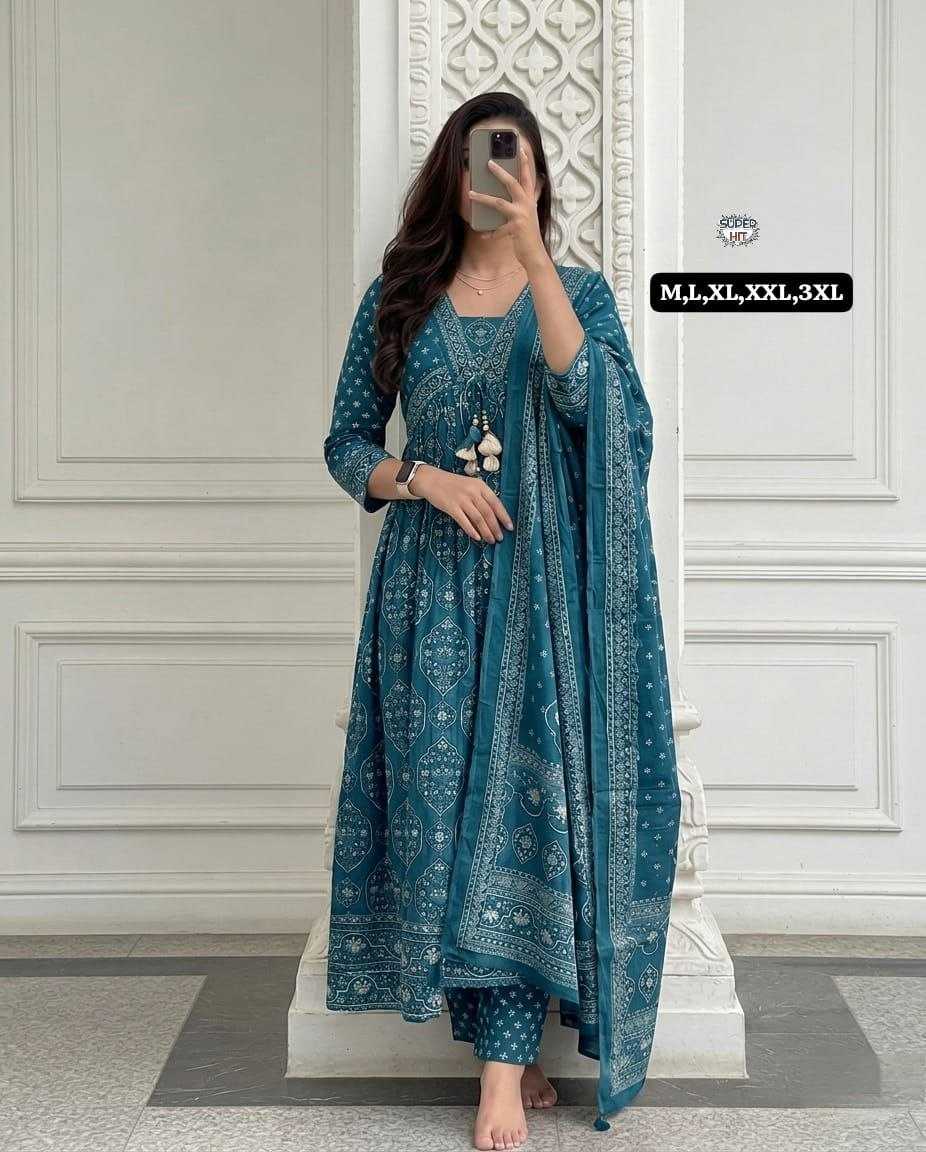 Teal Blue Printed Anarkali Suit Set
