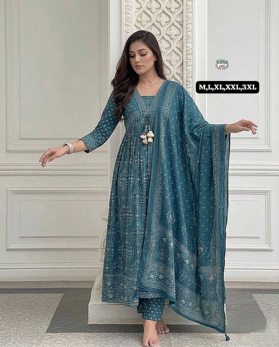 Teal Blue Printed Anarkali Suit Set