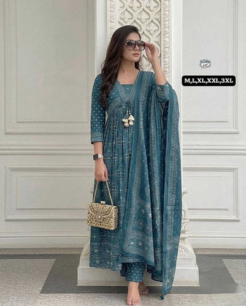 Teal Blue Printed Anarkali Suit Set