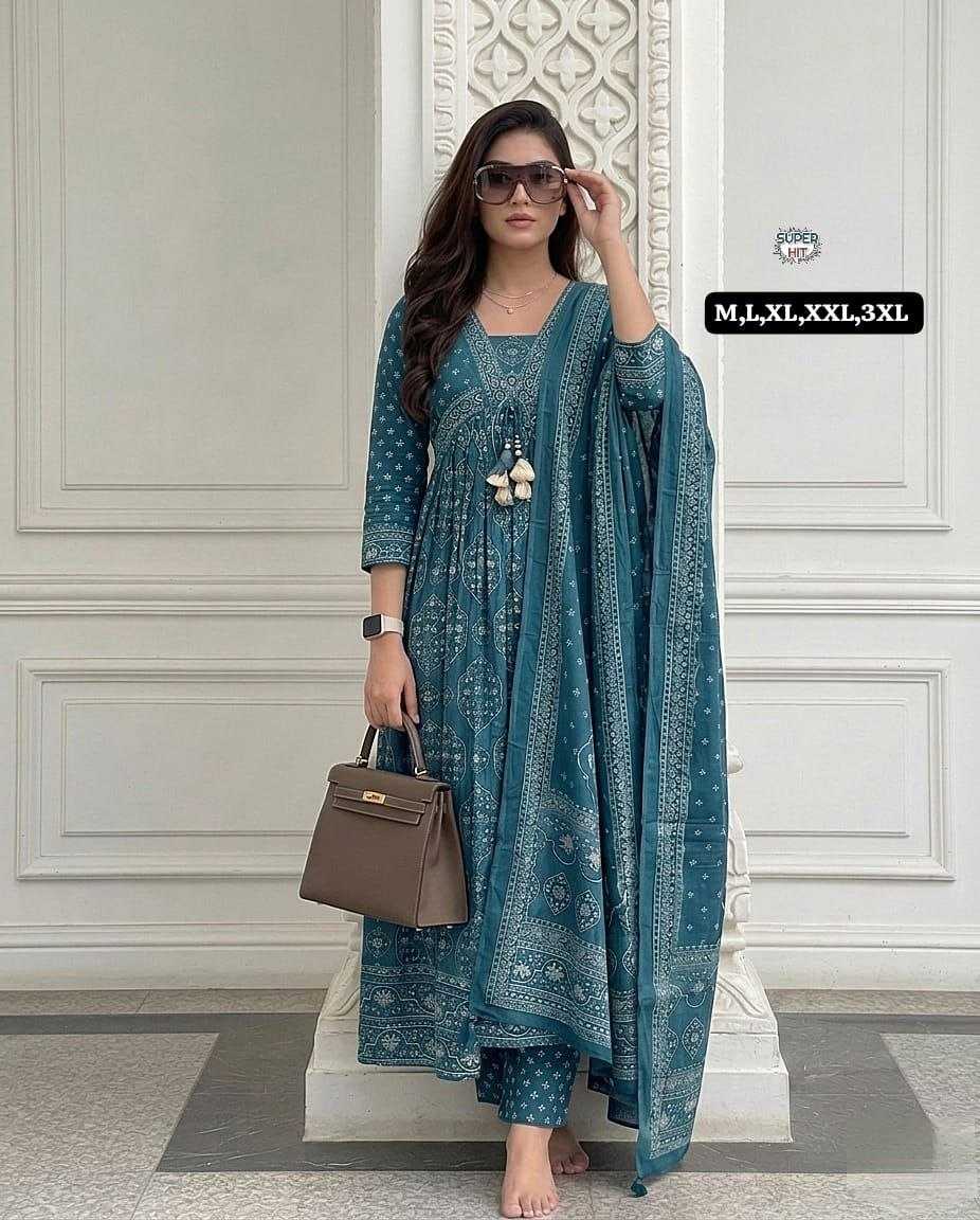 Teal Blue Printed Anarkali Suit Set