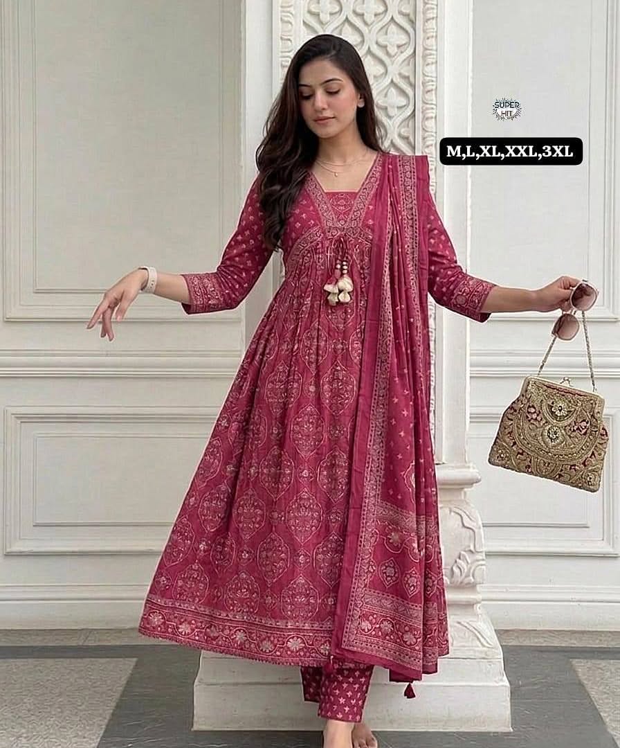 Wine Printed Anarkali Suit Set