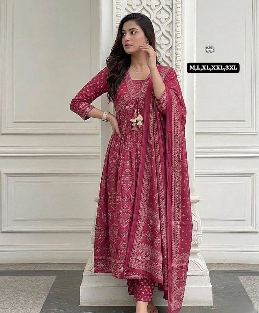 Wine Printed Anarkali Suit Set