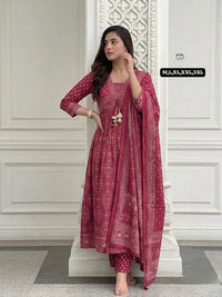 Wine Printed Anarkali Suit Set