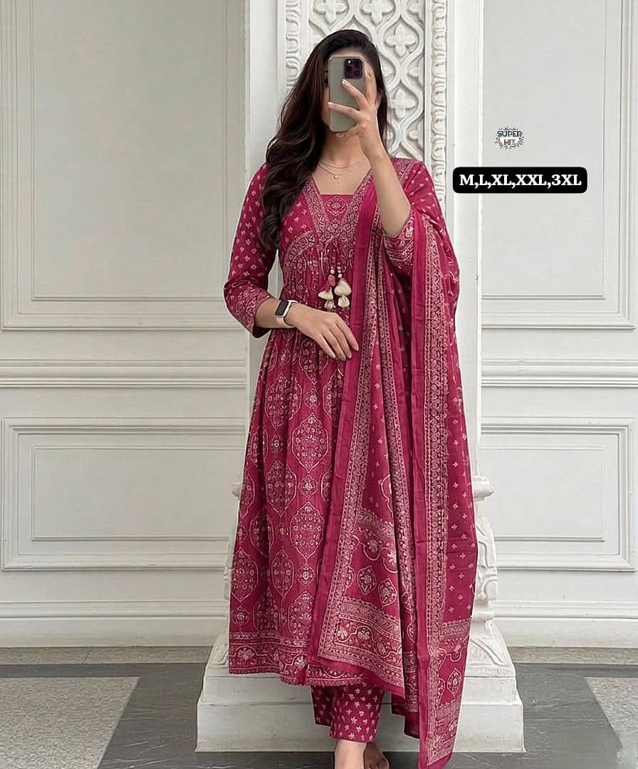 Wine Printed Anarkali Suit Set