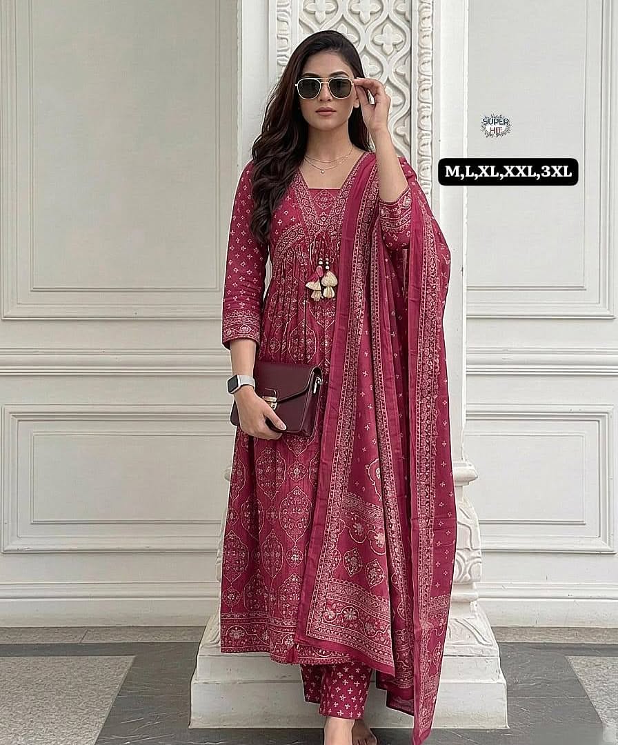 Wine Printed Anarkali Suit Set